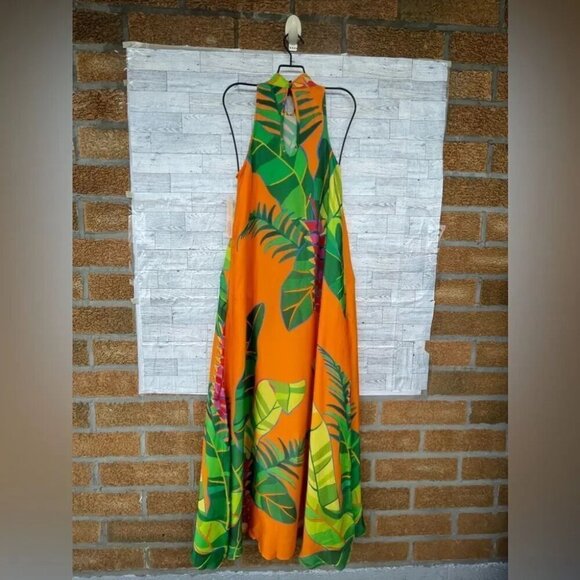 FARM RIO ANTHROPOLOGIE Tropical Leaves Print Halter Maxi Dress XXS Orange - Picture 8 of 14